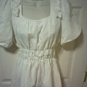 CUTE WHITE MUSLIN EMPIRE WAIST MINI DRESS BALLOON SHORT SLEEVES SIZE JRS. M NWOT